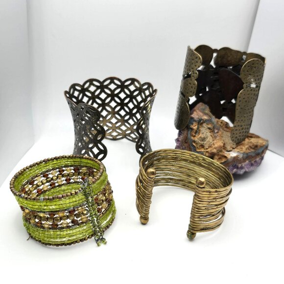 Lot of 4 Statement Cuff Bracelets Brass Glass Beads Openwork & Crystal Designs - Picture 10 of 12